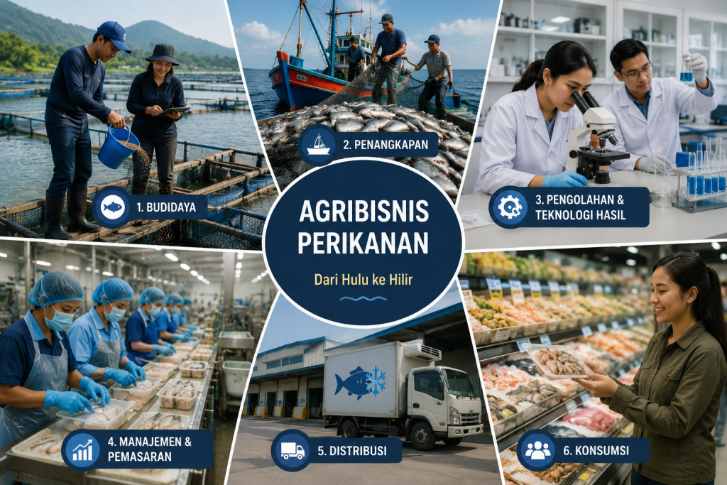 Ilustrasi kegiatan agribisnis perikanan mulai dari budidaya ikan, penangkapan hasil laut, pengolahan di laboratorium, distribusi menggunakan truk pendingin, hingga pemasaran produk perikanan di supermarket.

