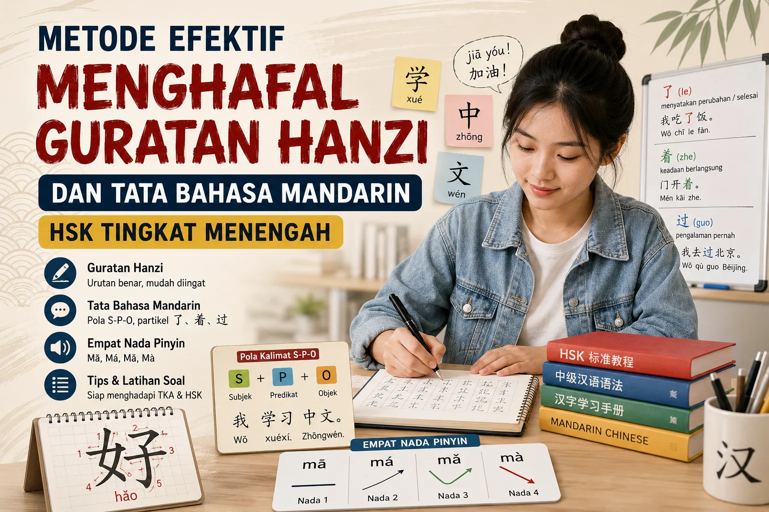 Metode efektif menghafal guratan Hanzi dan tata bahasa Mandarin HSK tingkat menengah