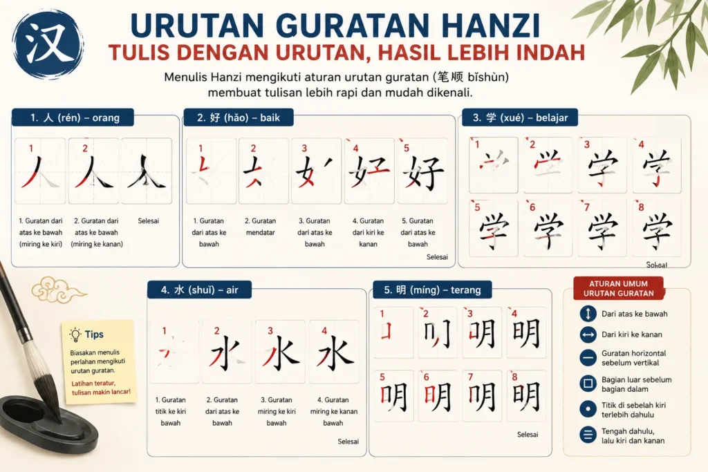 Infografis urutan guratan Hanzi yang benar untuk belajar menulis karakter Mandarin