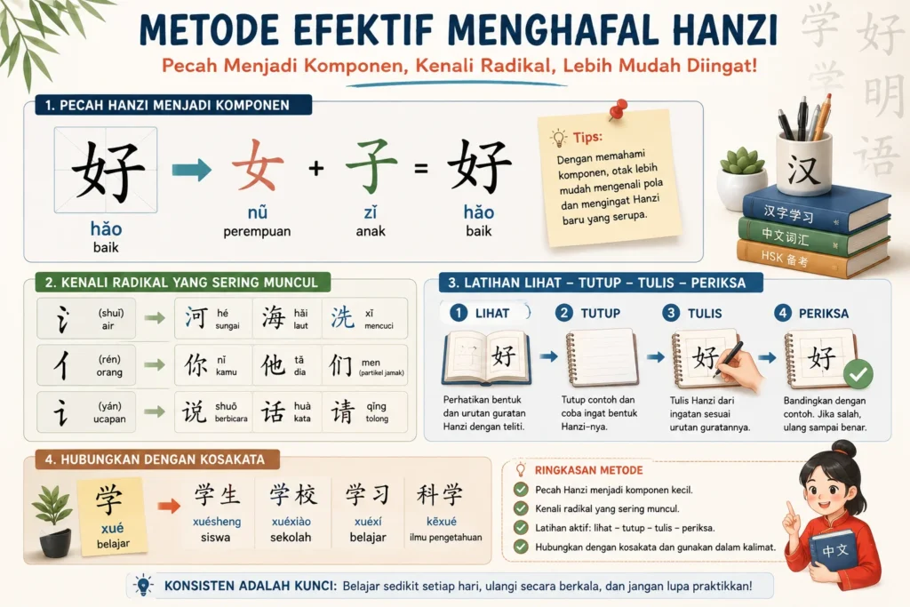Metode efektif menghafal Hanzi dengan komponen radikal kosakata dan latihan menulis
