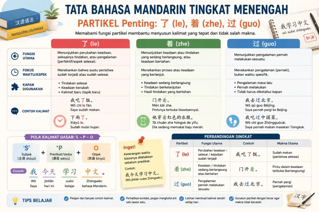 Infografis tata bahasa Mandarin tingkat menengah dan penggunaan partikel le zhe guo
