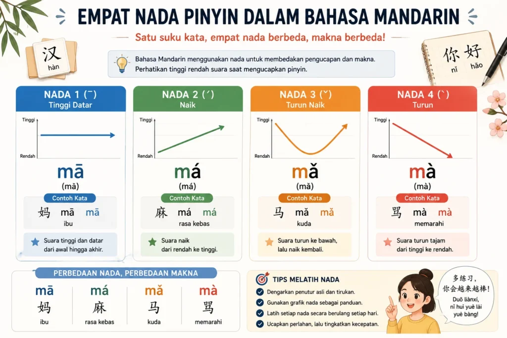 Infografis empat nada pinyin bahasa Mandarin beserta pola pengucapan dan contoh kata