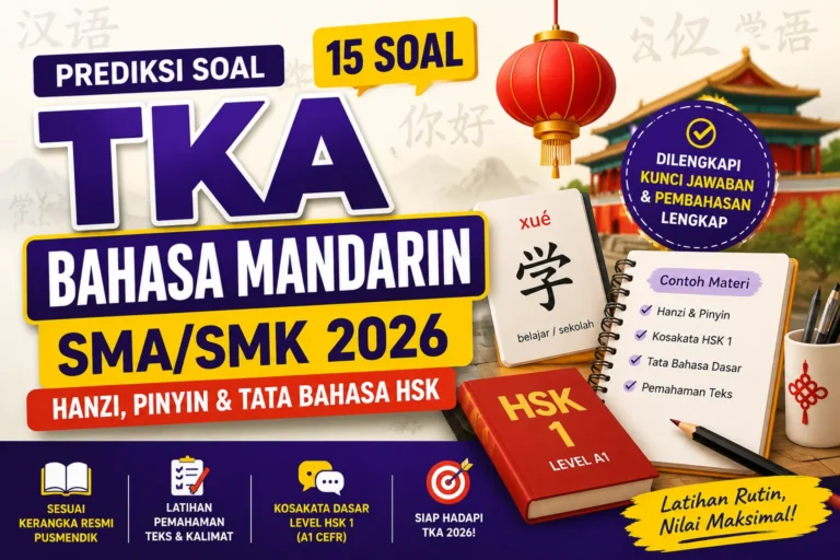 Prediksi Soal TKA Bahasa Mandarin SMA/SMK 2026 lengkap dengan 15 soal, Hanzi, Pinyin, tata bahasa HSK 1, kunci jawaban, dan pembahasan.
