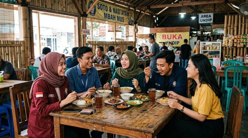 Suasana mahasiswa dan pekerja menikmati makan siang di warung tegal warteg legendaris dengan aneka lauk pauk khas
