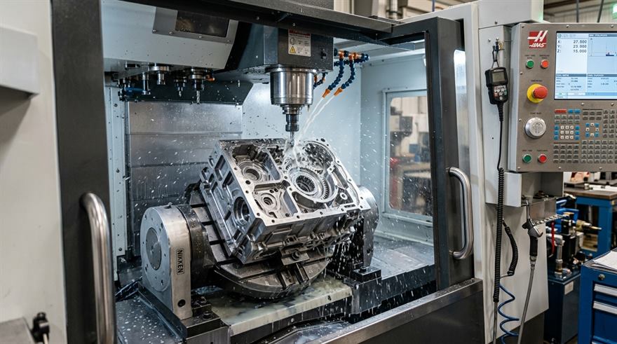 Mesin milling CNC berkecepatan tinggi sedang melakukan pemesinan blok baja presisi