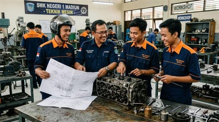 Juru las mempraktikkan pengelasan sambungan logam presisi dengan alat pelindung diri lengkap di workshop Tegal